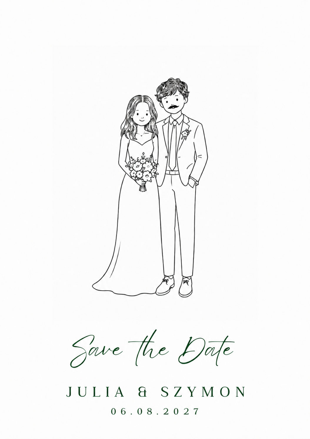 Ilustracja Julii i Szymona oraz napis Save the Date, 6 sierpnia 2027